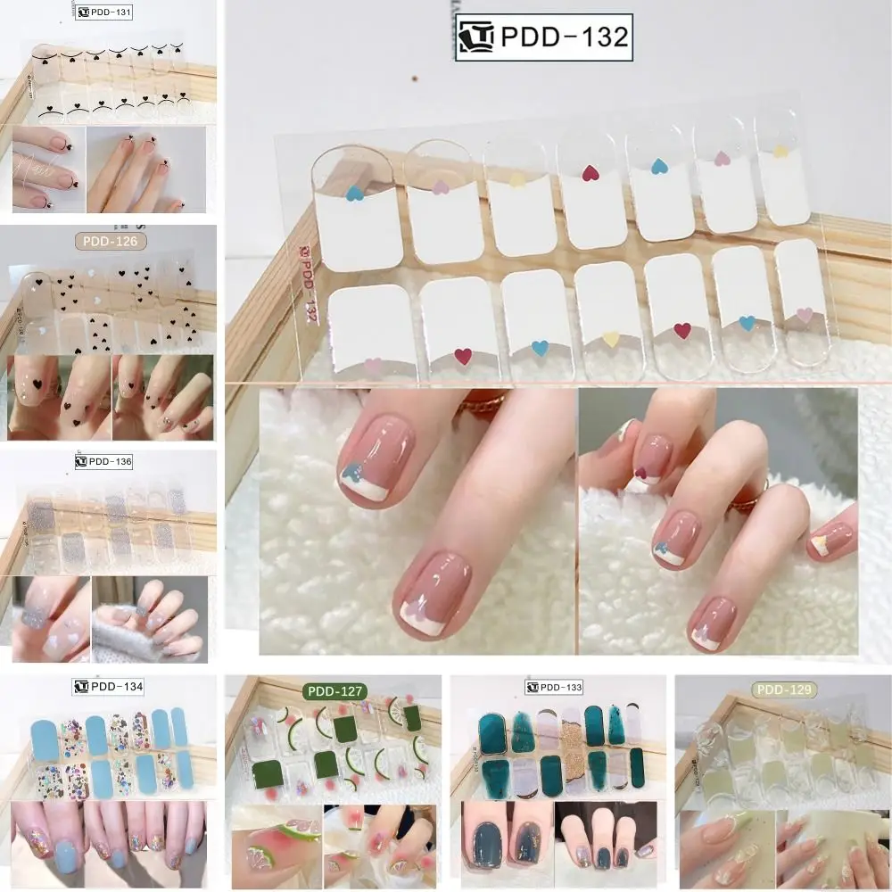 Easy To Removal 14Strips Gel Nail Stickers Floristic Full Cover Gel Nail Polish Strips Semi Cured Nail Patch DIY Nail Art Making