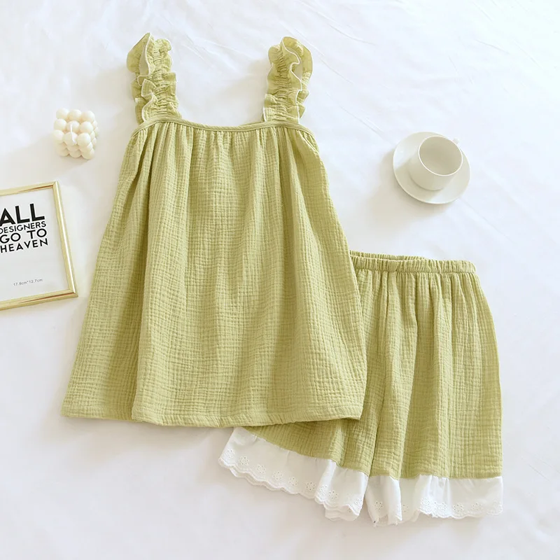 2023 New Summer Women's Pajama Set 100% Cotton Crepe Vest+Shorts Two Piece Set Ladies Green Solid Lace Cute Home Fur Girls