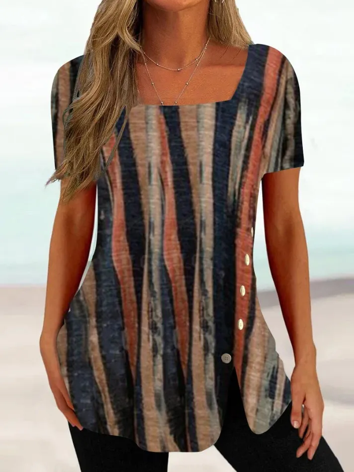 

Plus Size Women Short Sleeve U-neck Striped