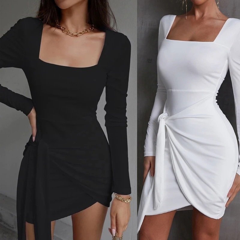 

Womens Summer Square Neck Long Sleeve Knitted Dress High Waist Casual Party A-Line Mini Dress Solid Color