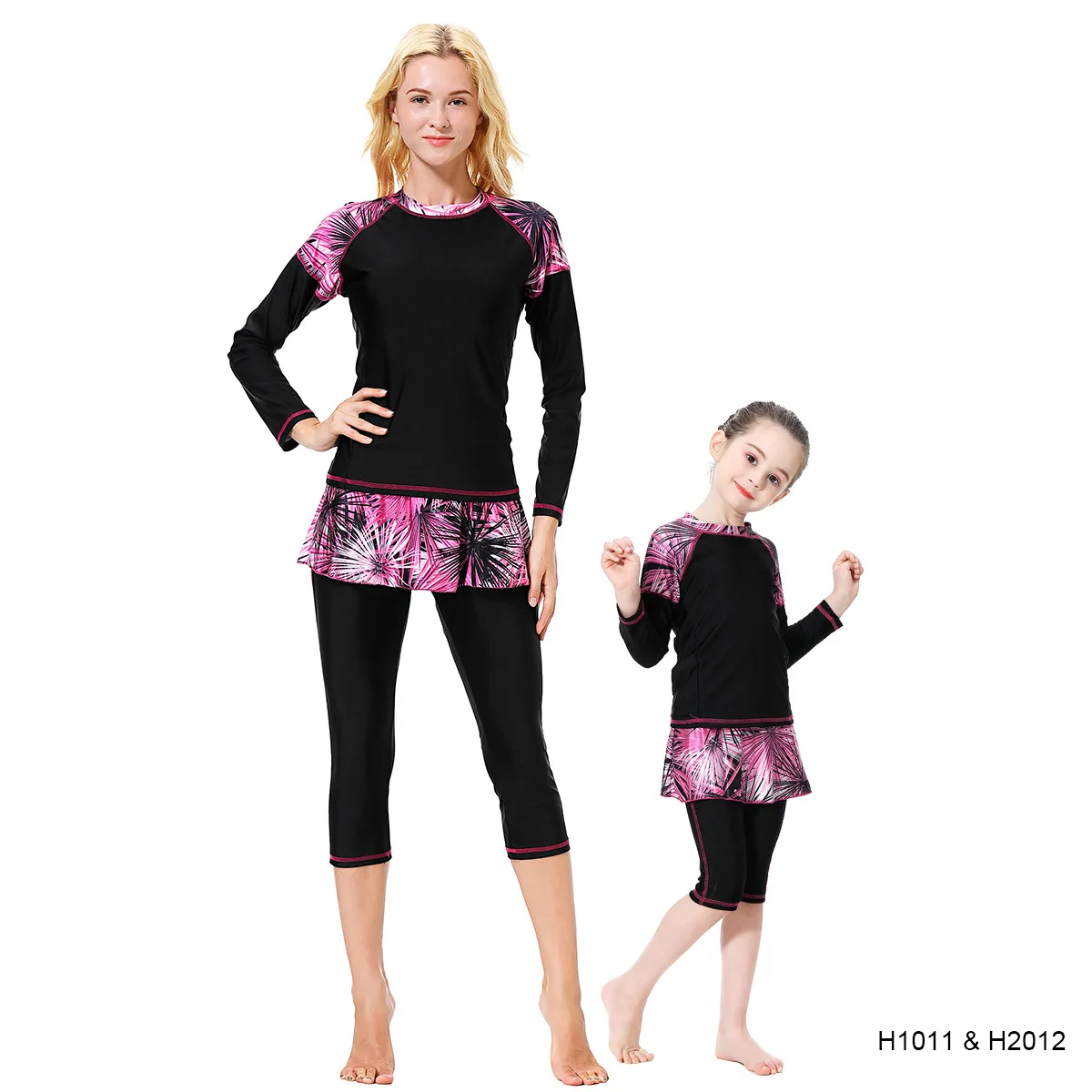 Women Swimwear Modest UV Skirted Two Pieces Long Sleeve Mom And Baby Matching Family Swim