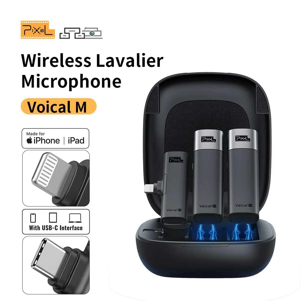 

Pixel Wireless Lavalier Microphone Noise Reduction Audio Video Recording Microphone For iPhone Android With Charging Box