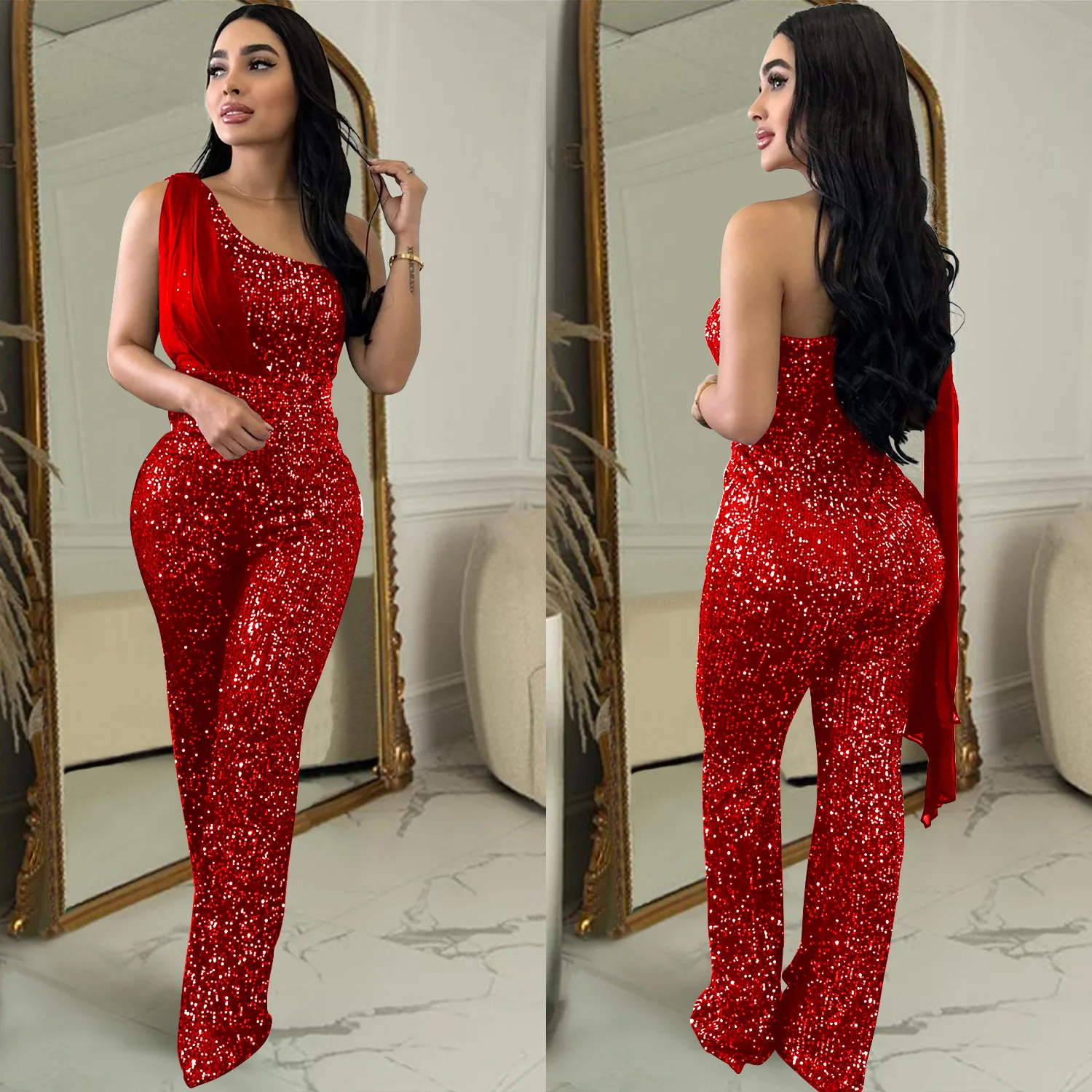 Sequin Luxury Street Jumpsuit Women Sleeveless Sexy Club One Piece Outfit Solid Straight Pant Female Fashion Party Jumpsuit