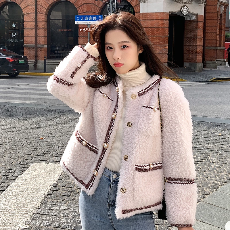 Button Faux Fur Cropped Jacket White Thick Winter Coat Women 2022 Autumn Warm Female Outerwear Korean Plush Ladies Casual Retro winter casual faux fur hoodie women plush warm fleece oversized sweatshirts 2020 autumn ladies pullovers pink top