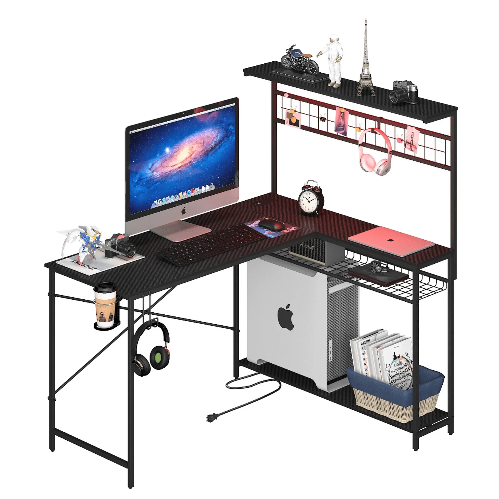 Adult Collection L Shape Power Outlets and LED Black Gaming Desk, Black 5
