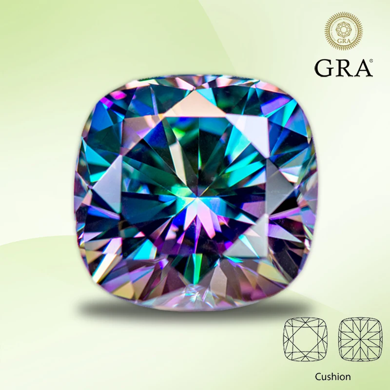 Moissanite Stone Rainbow Green Color Cushion Cut Lab Creato Heat Diamond Gemstone Per La Creazione Di Gioielli Da Donna Con Certificato Gra