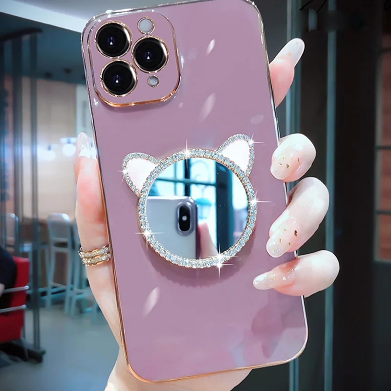 Plating Case For Samsung A34 A54 A53 A32 A33 A13 4G 5G A12 A73 A25 A31 A21S A14 Diamond Cute Cat Ears Make-up Mirror_voghion.com