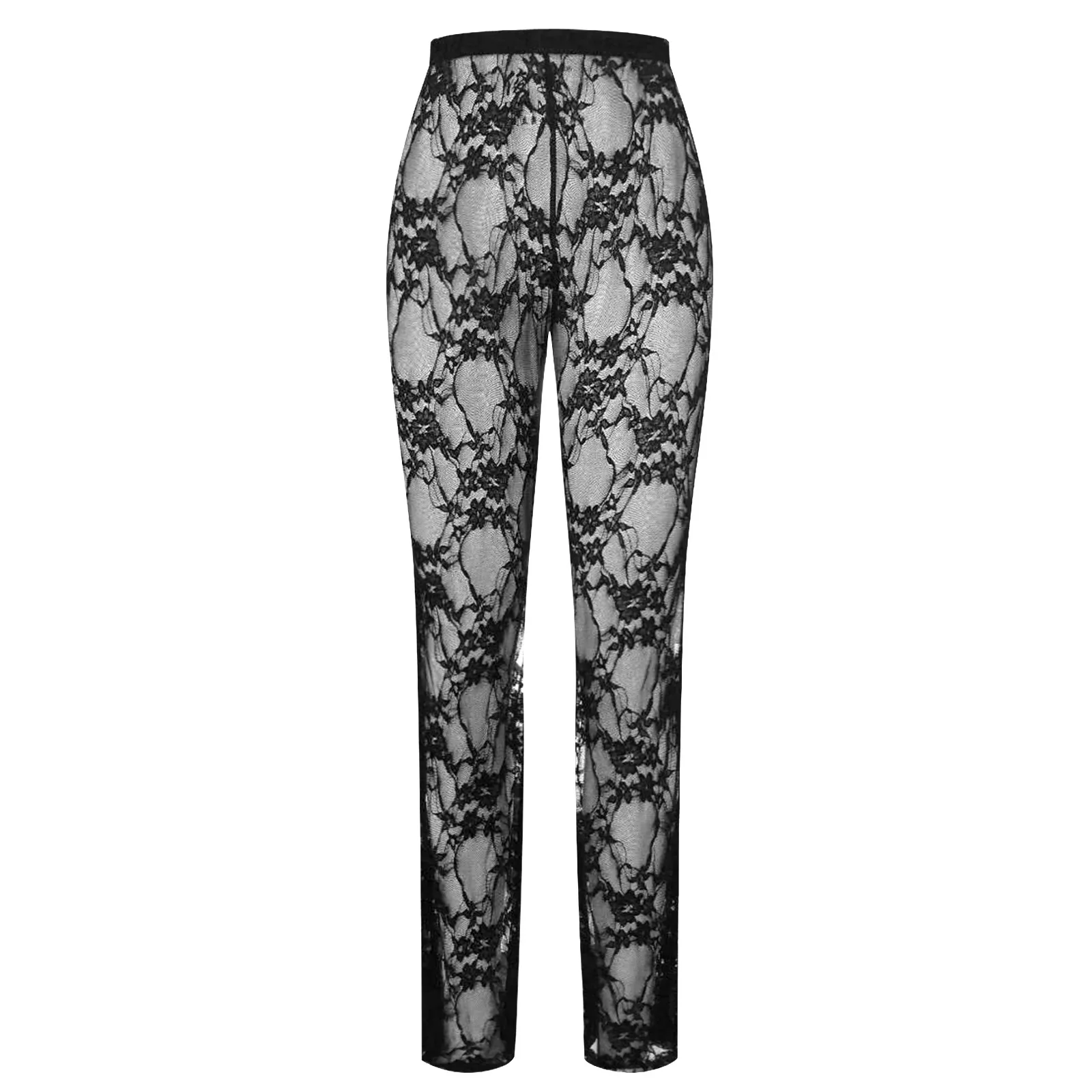 Women Sexy Hollow Out Lace Pants Summer New Trend Sexy See Through High Waist Trousers For Women Nightclub Flared Pants Bottoms