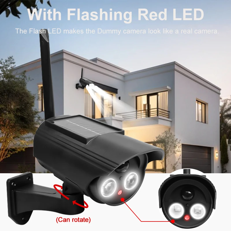 Solar Security Camera Outdoor Waterproof Simulation Dummy CCTV Surveillance Lighting Rotation No Wiring Required
