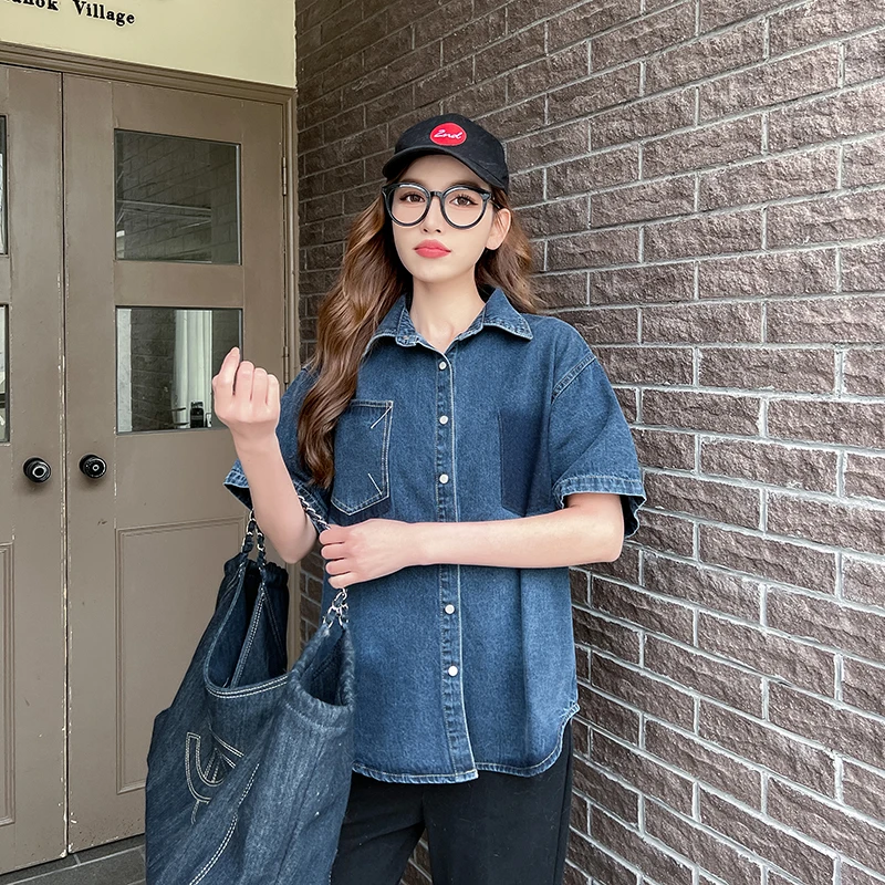 2023 Summer New Denim Shirts Women Vintage Loose Turn-down Collar Short Sleeve Blouses Tops Streetwear