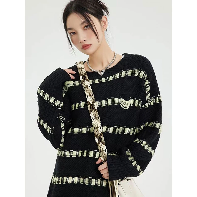 

Striped Sweater Woman Beige Autumn/winter Couple Knitted Long Sleeve Top Versatile Pullover Knit Top