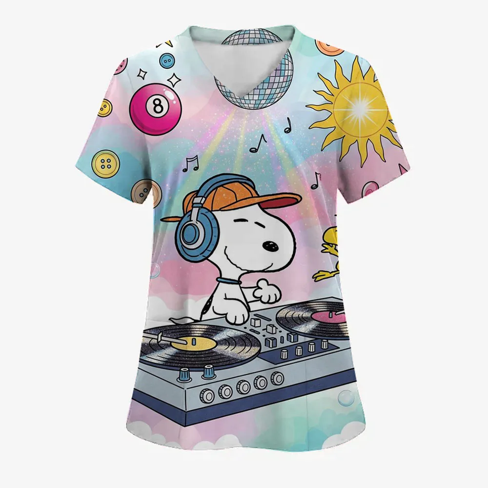 Fashion Vintage Y2k Tops V-neck Snoopy T-shirt Pocket Woman Clothes Short Sleeve Tee Clothes Women Womens Tops and Blouses 2