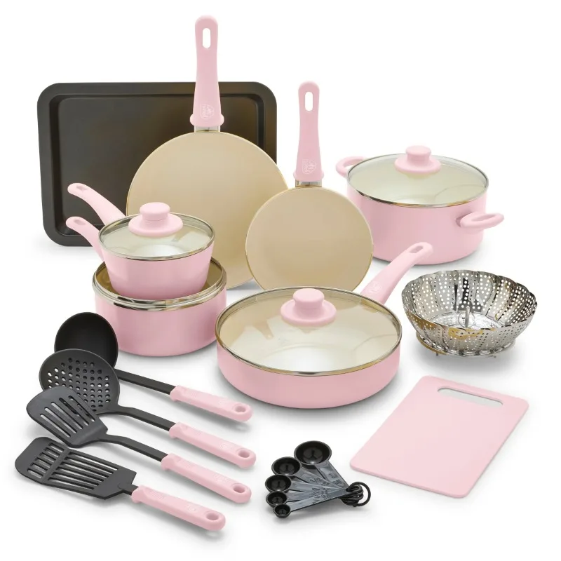 

GreenLife 18-Piece Soft Grip Toxin-Free Healthy Ceramic Non-Stick Cookware Set, Pink, Dishwasher Safe