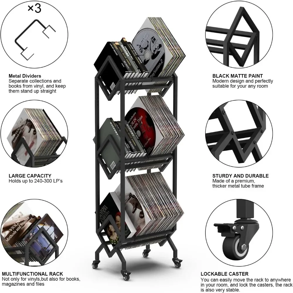 3 Tier Vinyl Record Storage Rack,Mobile Black Metal LP Storage Display Stand with Casters,Large Capacity Record Holder for Album 4