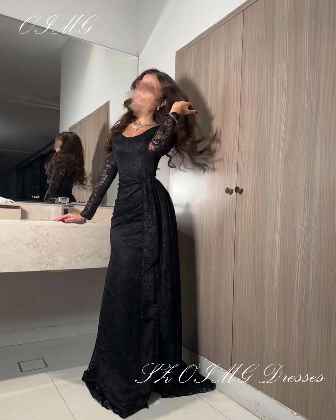 OIMG Black U Neck Lace Prom Dresses Long Sleeves Mermaid Women Floor Length Ruched Evening Gowns Occasion Formal Party Dress