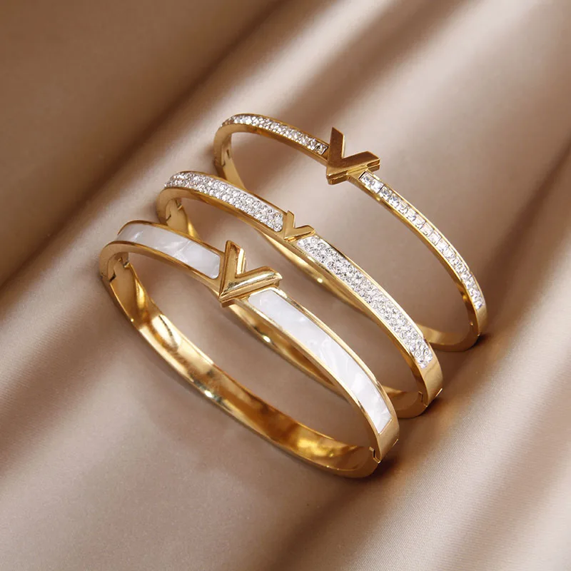 Stainless Steel Letter V Bangle Bracelets for Women Fashion Crystal Party Accessories Gifts