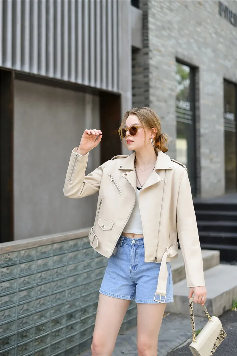 TRAF Jackets Spring and Autumn New Belt Detachable Epaulet Motorcycle Jacket Leather Fashion Casual Clothes Tops