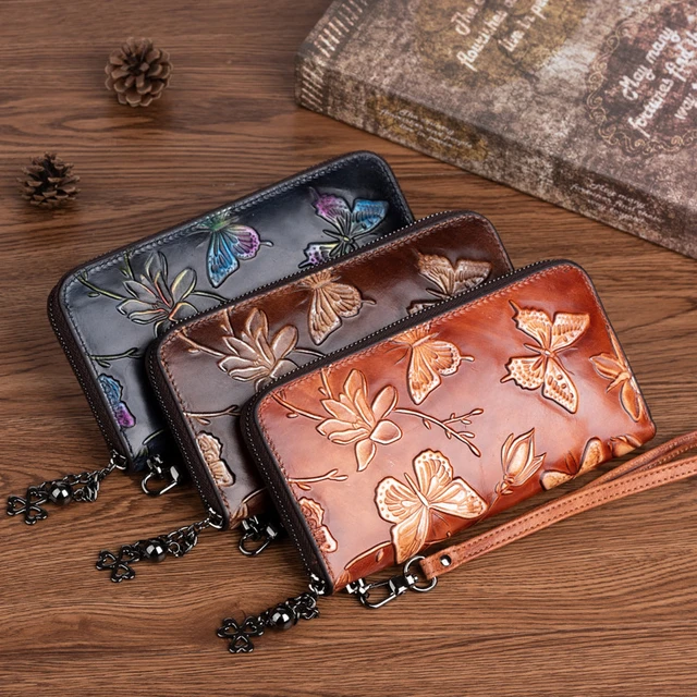 GAGACIA Vintage Embossed Long Wallets For Women Genuine Leather Purse Hand  Painted High Quality Butterfly Wallet ID Card Holder - AliExpress