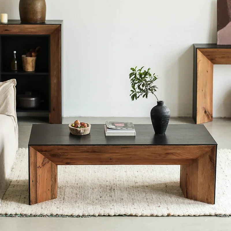 

black coffee table rectangular solid wood old pine oak board retro living room home large coffee table