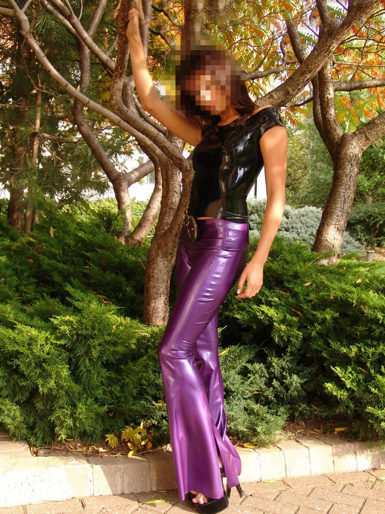 

Latex Women Black Sling Top and Purple Trousers Suit Sexy Uniform Size XXS-XXL