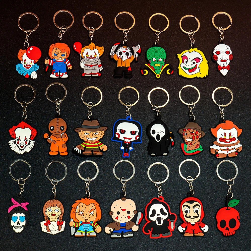 Horror Filme Personagem PVC Keychain, Estilo Engraçado Chaveiro, Personalizado Chaveiro Acessórios, Festa de Casamento Lembrança, Nova Chegada, 50Pcs