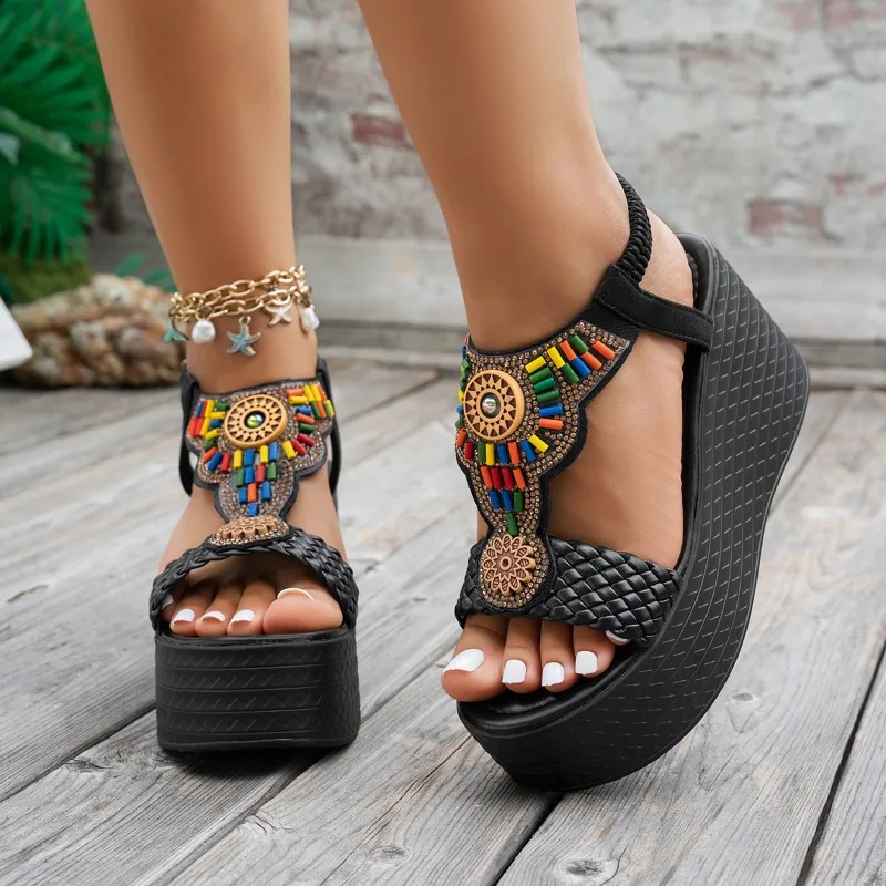 Women Sandals Bohemian Style Wedge Sandals Summer Thick Sole Non Slip Beach Shoes Woman Colorful Bead Chunky Platform Sandals - 6