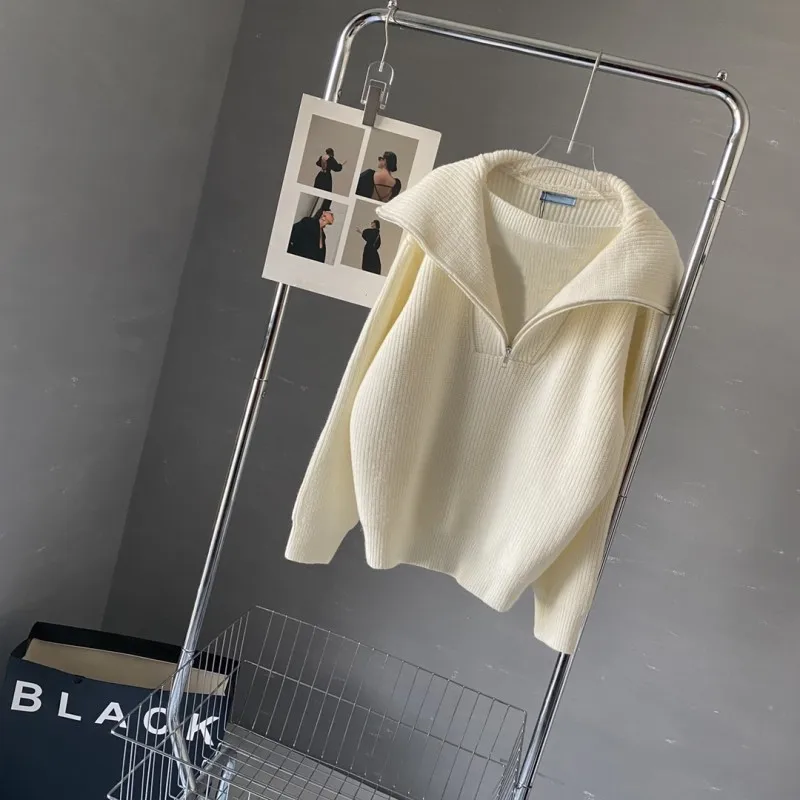 

Solid balck beige pullovers for women women's knitted sweater winter autumn high quality Stand collar lapel Double wear loose