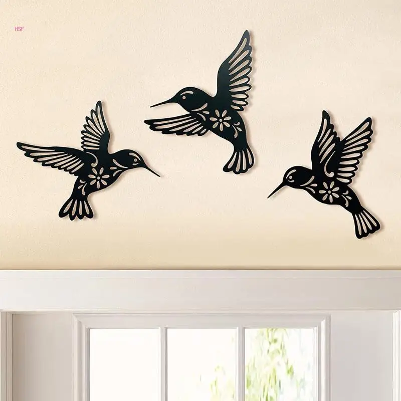 3Pcs Metal Hummingbird Wall Art Decor Hollow Out Iron Black Bird Statue Ornament 3