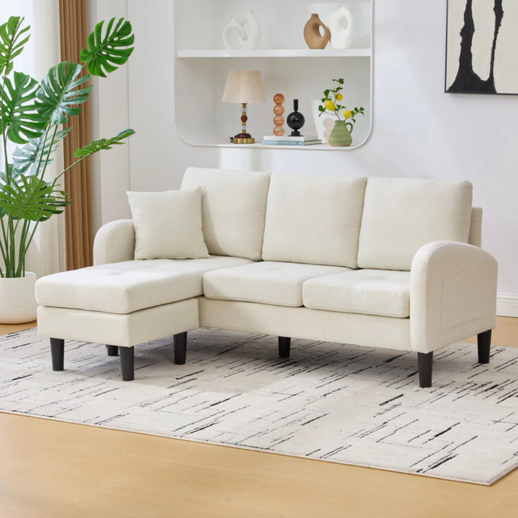 KOMHTOM L Formiges Ecksofa Mit Chaiselongue 3 Sitzer Sofa Atmungsaktiver Baumwoll Leinenstoff Kunststoffbeine Modulares Design – Detail 3