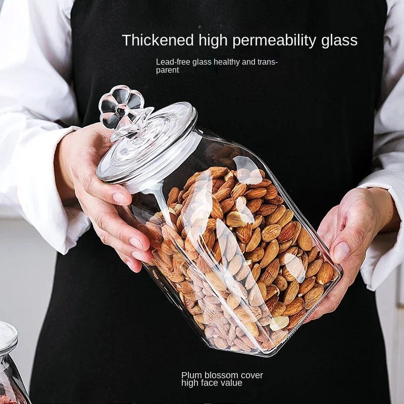 Nordic Flowers Transparent Glass Storage Jar Square Candy Food Storage Bottle Coffee Tea Sealed Jar Kitchen Utensils Decoration 4