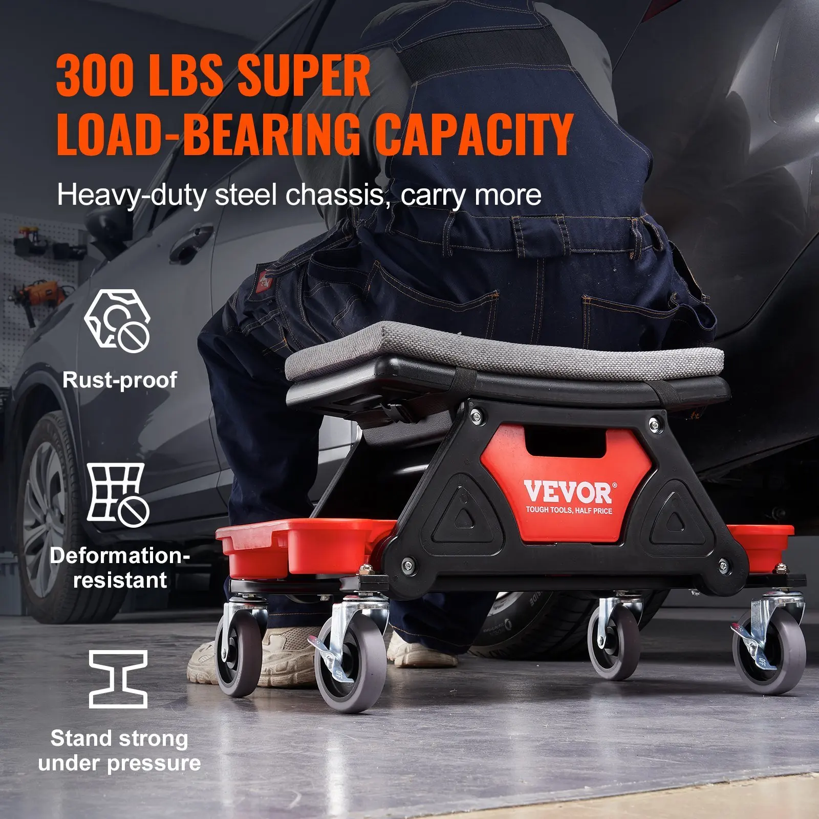 Mechanics Stool, 300 LBS Capacity Rolling Mechanic Seat with 4" Wheels, with Three Slide Out Tool Trays and Drawer, Heavy Duty R