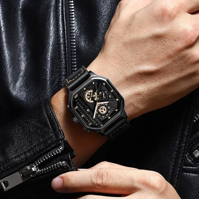 Square Men Watches Leather Strap Black Quartz Watch Retro