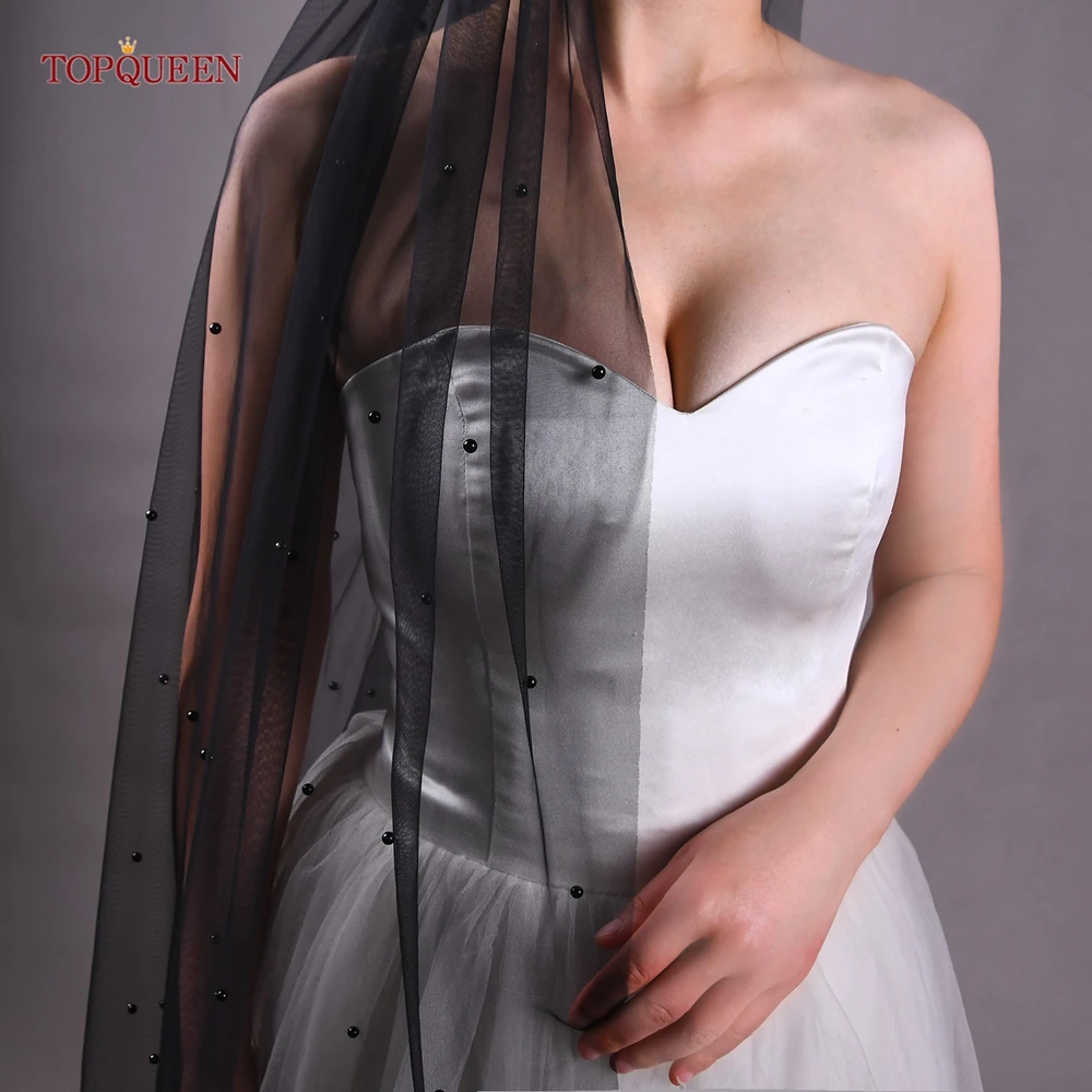 TOPQUEEN Pearls Black Long Bridal Veil With Comb 1 Layer Cathedral Wedding Veil with Pearl Wedding Accesories For Brides V05 bridal veil