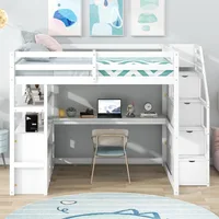 Full-size loft bed frame with stairs and desk, suitable for children, teens and adults - white 1