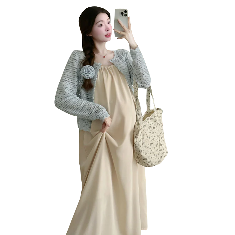 Spring Pregnant Women's Clothing Sets Long Sleeve Knitting Cardigans Strap Dress Twinset Fashion Maternity Dresses Suits