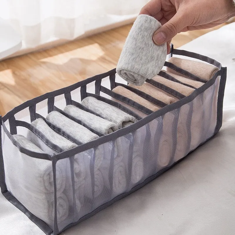 Clothes Organizer 6/7/11 Foldable Underwear Socks Organizer With Dividers Breathable Mesh Bag For Wardrobe