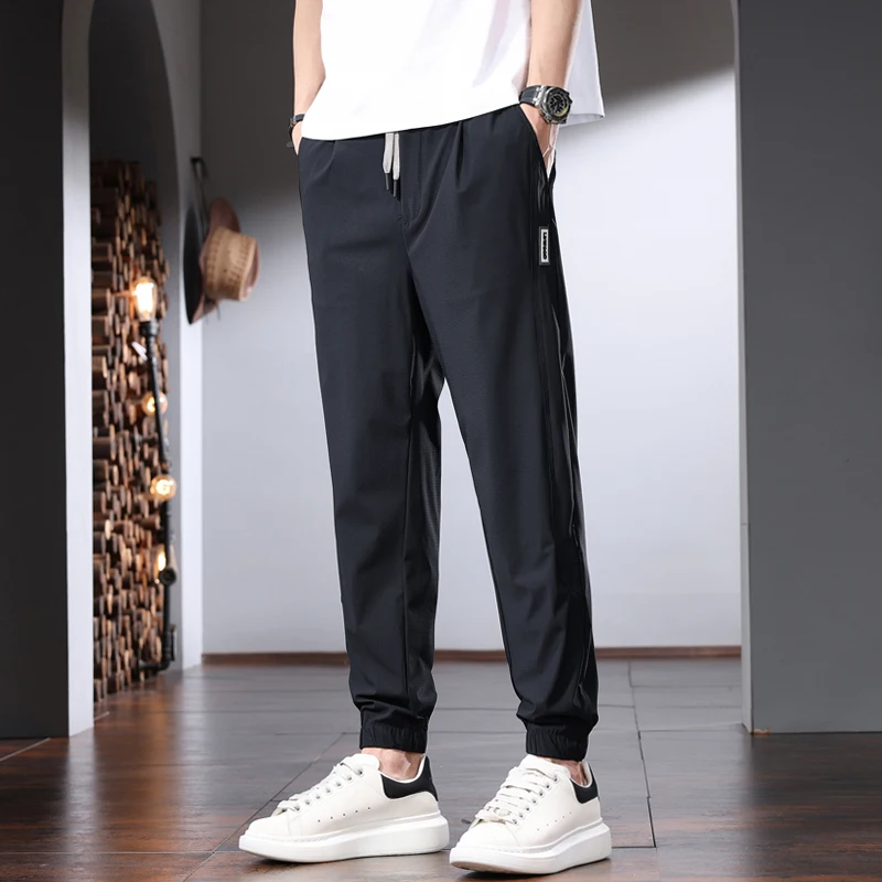 Summer Ice Silk Men's Pants Casual Sport Joggers Lightweight Black Elastic Waist Drawstring Trousers CP2288