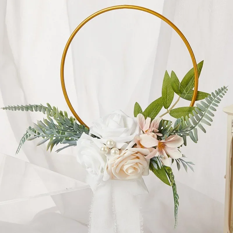 1pc Wedding Gold Hoop Bouquet,bride Ridal Shower Wedding Decor Wreath Rose Flowers and Ribbon for Nursery Wall Decor