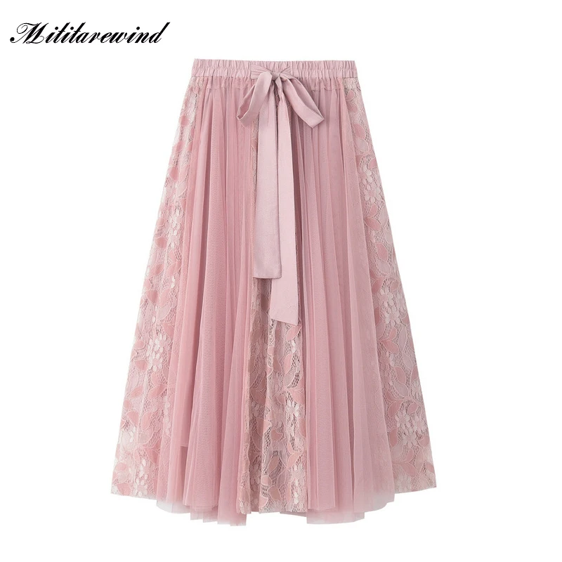 

2023 Fashion Korean Cute High Waist Pleated Skirt Mesh Female Lady Faldas Casual Loose Streetwear Bandage Elastic Waist Skirts