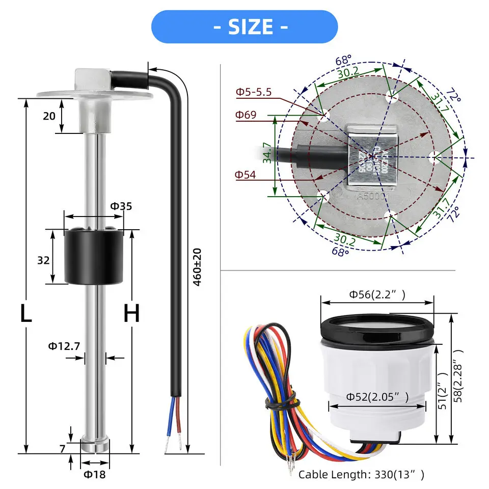 보트 연료 레벨 게이지, 연료 레벨 센서 유닛 센더 포함, 0-190ohms, 52mm