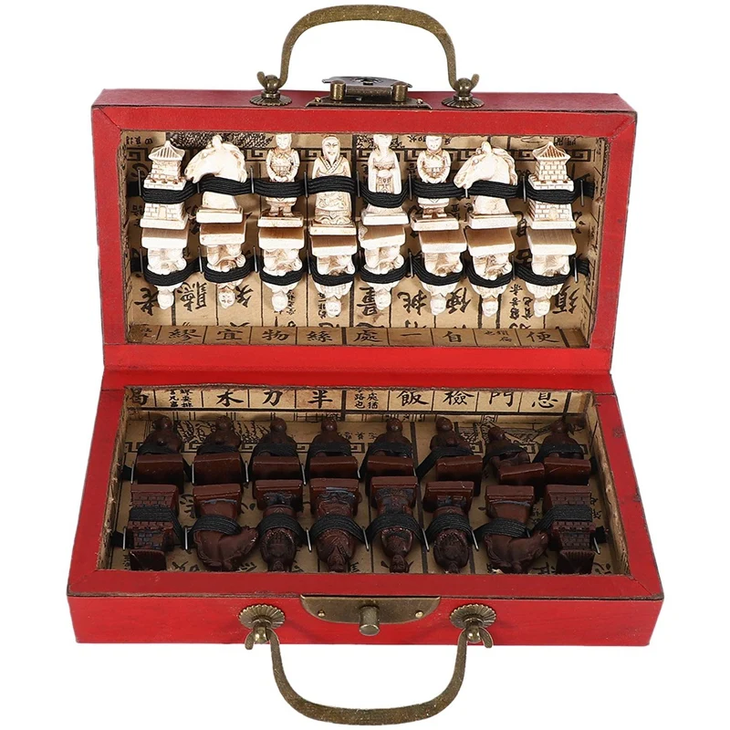 

Chinese Wood Leather Box With 32 Pieces Terracotta Figure Chess Set Entertainment Checkers Chess Traditional Games