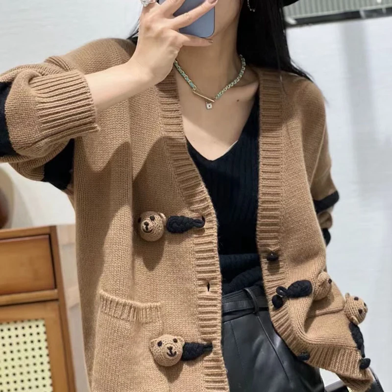 

Women's Wool Cardigan, V-neck, Colored Pocket, Mid Length Coat, Sweater, 100 Wool Knitted Jacket, Little Bear, Autumn and Winter