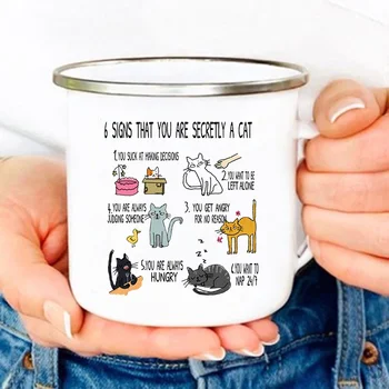 6 Segni che sei segretamente un gatto Stampa Tazze Divertenti tazze creative per caffè smaltate Bere tazza da latte Maniglia Bicchieri Regalo per gli amanti dei gatti 1