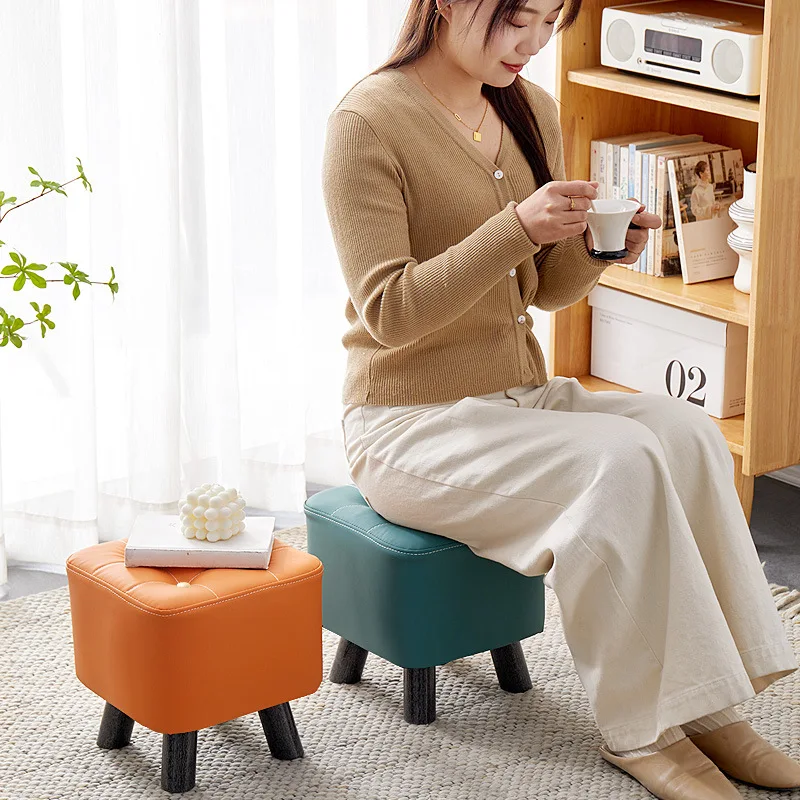 Home Living Room Footrest&Entryway Shoe Changing Stool-Solid Wood Small Ottoman with Durable Faux Leather, Creative Low Bench