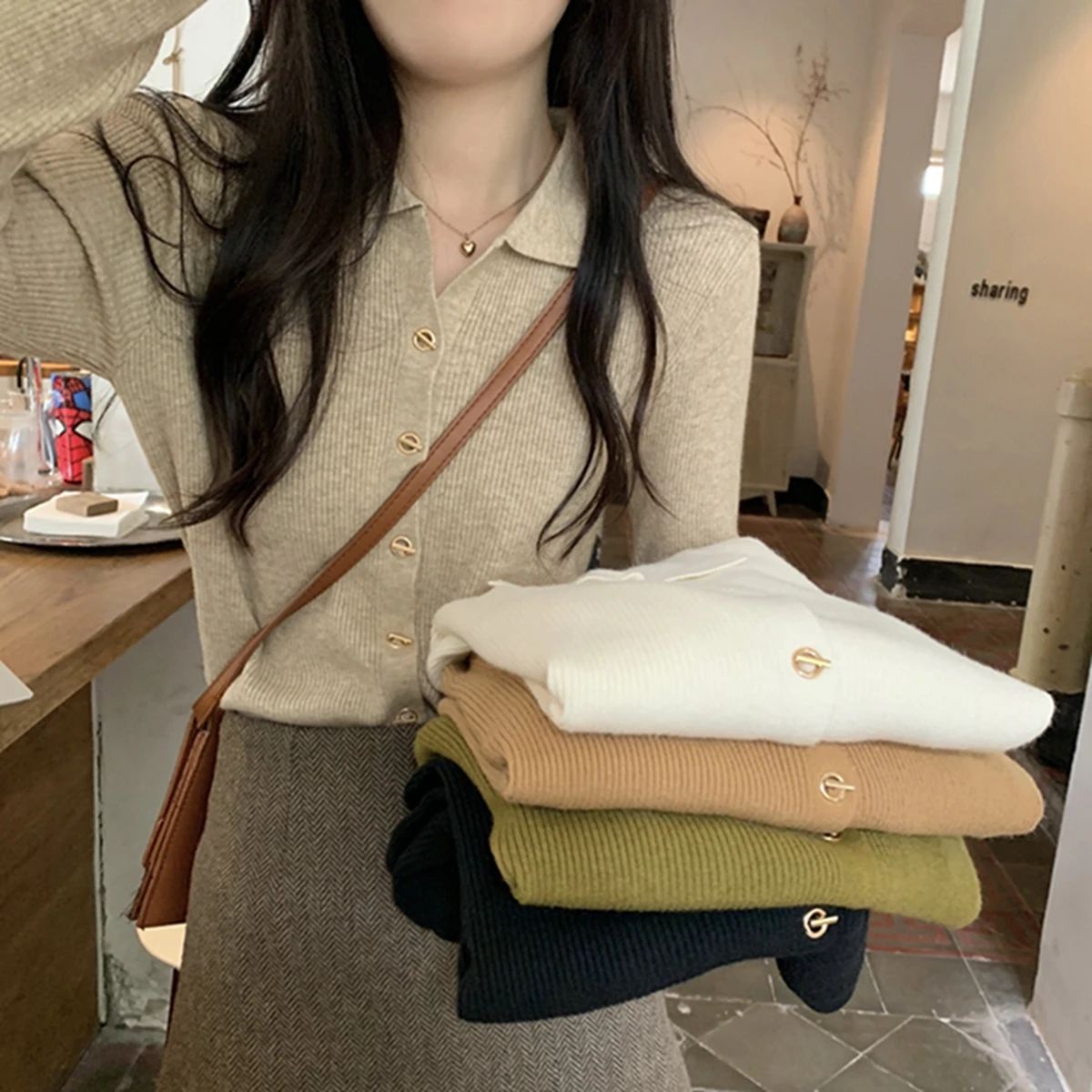 

Spring Korean style polo collar elegant button design knitted cardigan outer sweater coat 2023 fashion women's Clothing