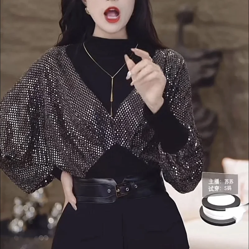 New Women's Clothing Tops Solid Color Crew Neck Long Sleeve Spring Autumn Sexy Streetwear High Street Sequined Spliced Pullovers