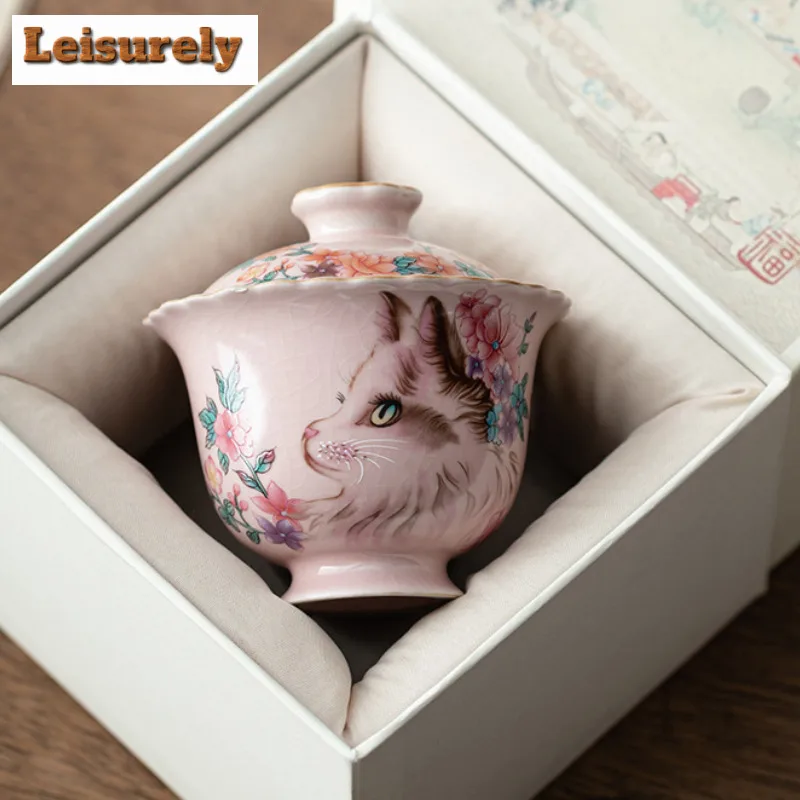 Pink Ru Kiln Flower Cat Gaiwan Antique Not Hot Tea Tureen Tea Bowl With Lid Kit Tea Maker Cover Bowl Kung Fu Tea Set Ornaments