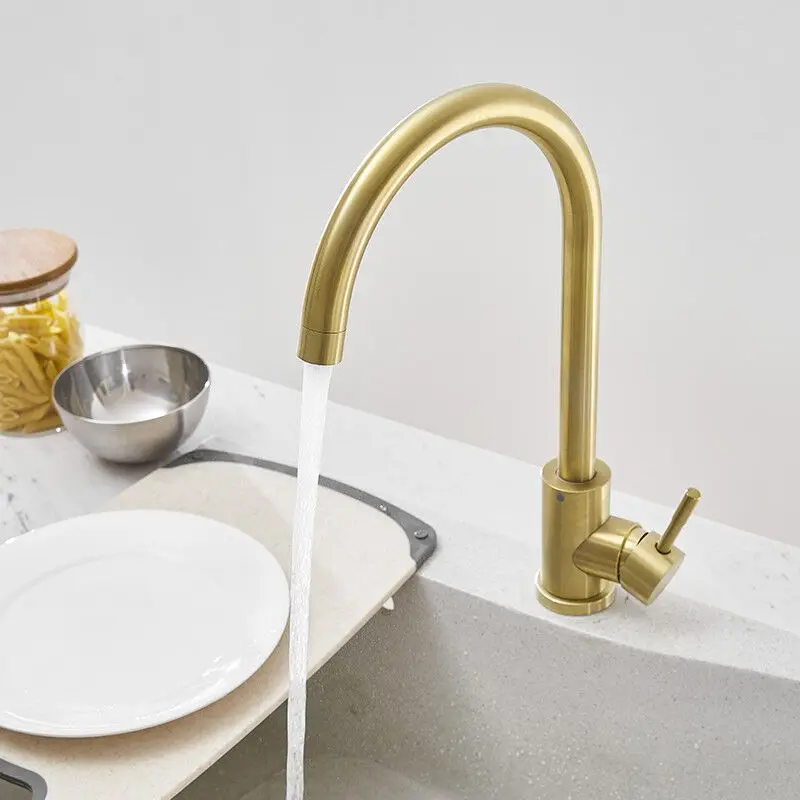 Top Quality Kitchen sink faucet Brushed gold SUS304 Stainless steel Cold hot Kitchen mixer Tap Modern One hole Rotatable Faucet