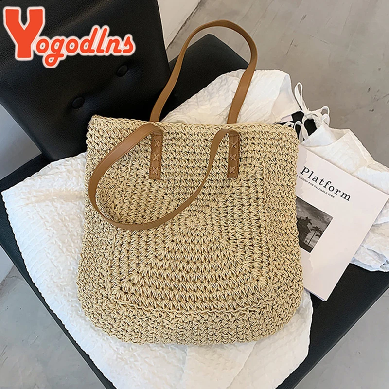 Yogodlns Summer Large Capacity Straw Shoulder Bag Rattan Beach Bags Woven Handle Bag Casual Lady Totes Shopping Handbag Clutch