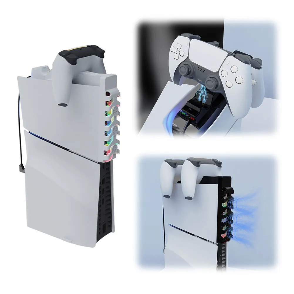 냉각 선풍기 듀얼 컨트롤러 충전기 스테이션, RGB 조명 포함, 조용한 쿨러 선풍기, PS5 슬림 콘솔 및 컨트롤러용